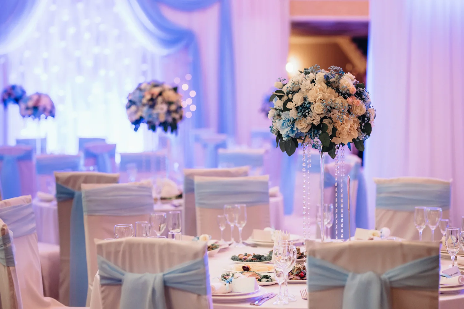 Colorful flowers and elegant tables ready for an evening celebration