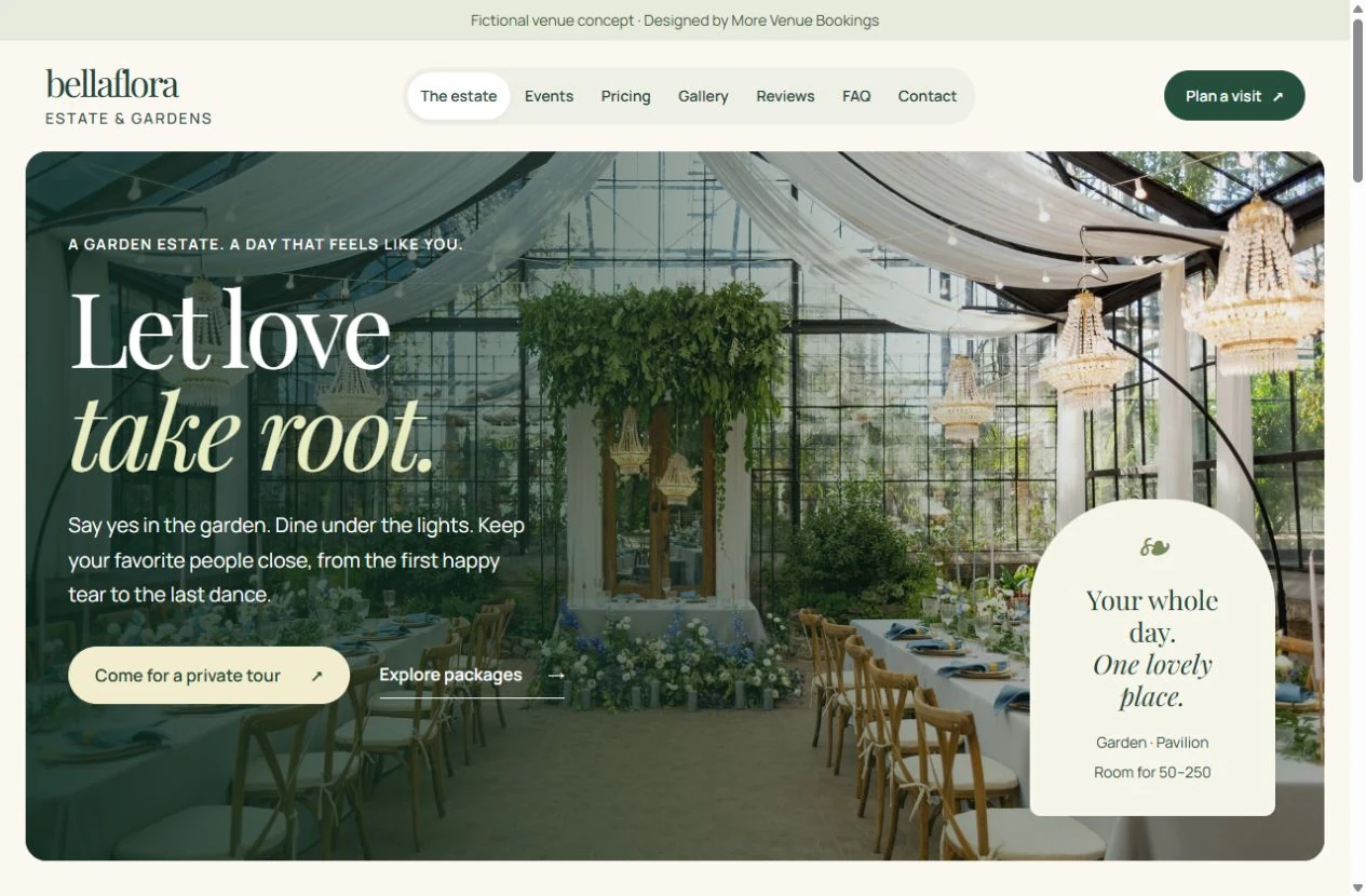 Bellaflora Estate website with botanical greens and an immersive garden pavilion.