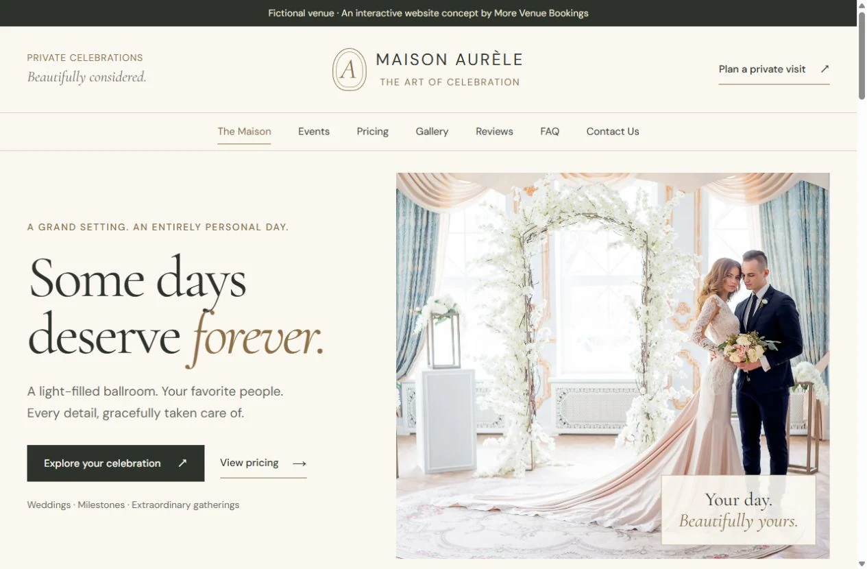Maison Aurèle website with ivory tones, elegant typography and romantic wedding photography.