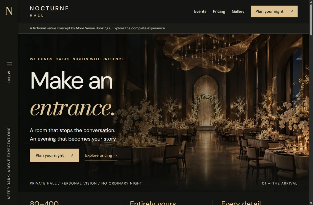 Nocturne Hall website with dramatic dark interiors, sculptural gold lighting and bold editorial type.