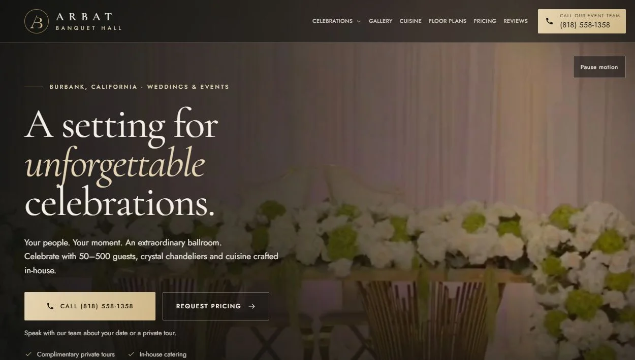 Arbat Hall's desktop website, featuring the ballroom and clear pricing and tour inquiries.